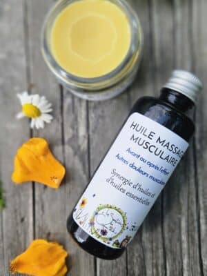 Huile de massage bien-être – macérats et huiles essentielles Huile de massage bien-être et confort musculaire à base de macérats de millepertuis, grande camomille, arnica, calophylle et huiles essentielles de lavande, menthe des champs et gaulthérie odorante.