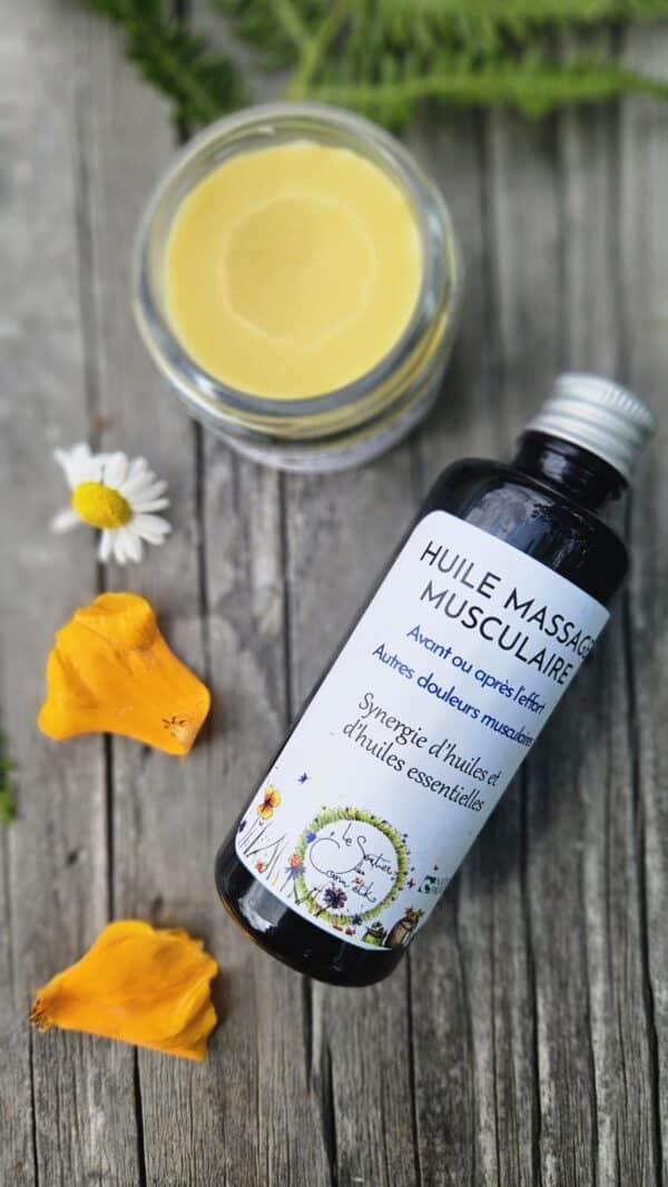 Huile de massage bien-être – macérats et huiles essentielles Huile de massage bien-être et confort musculaire à base de macérats de millepertuis, grande camomille, arnica, calophylle et huiles essentielles de lavande, menthe des champs et gaulthérie odorante.