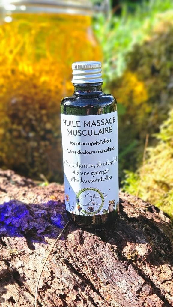 flacon huile douleur musculaire Huile de massage douleurs musculaires naturelle avec macérats de millepertuis et grande camomille pour détendre et apaiser les tensions après l’effort